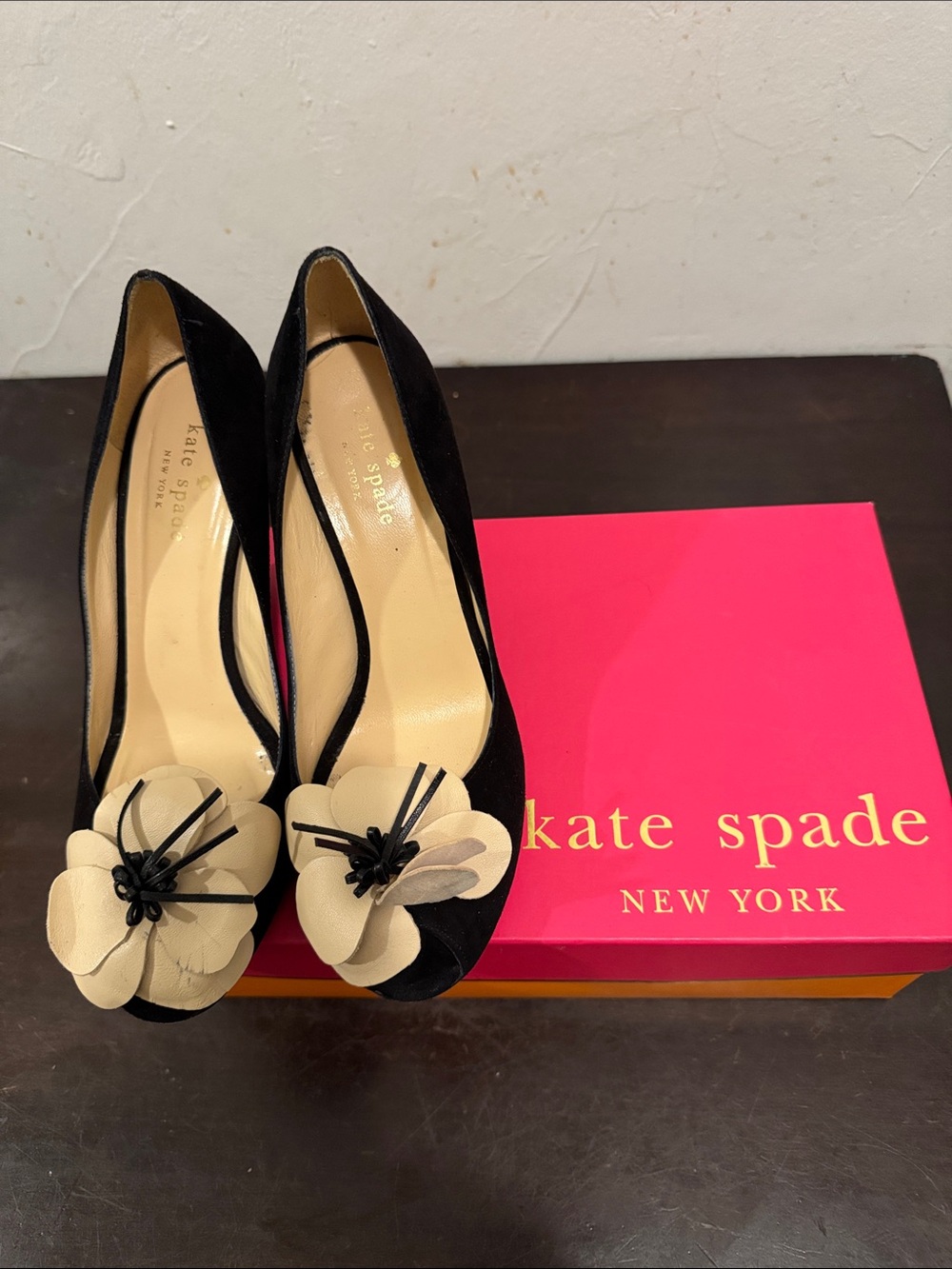 Kate Spade - Caelyn - Black Suede Wedge Peep Toe Pumps with Beige Flower Accent - Picture 3 of 10